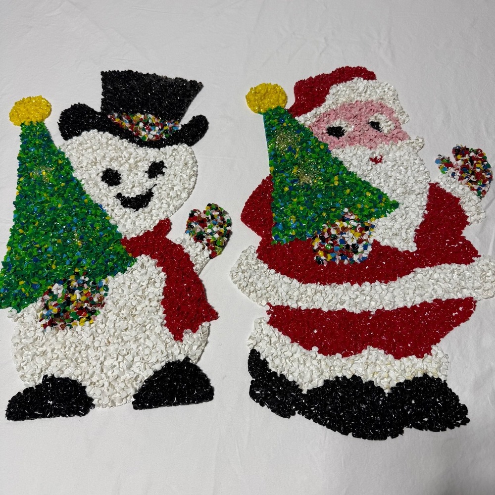 Vintage 1970s Melted Plastic Popcorn Santa & Snowman Christmas Wall Decor 19"